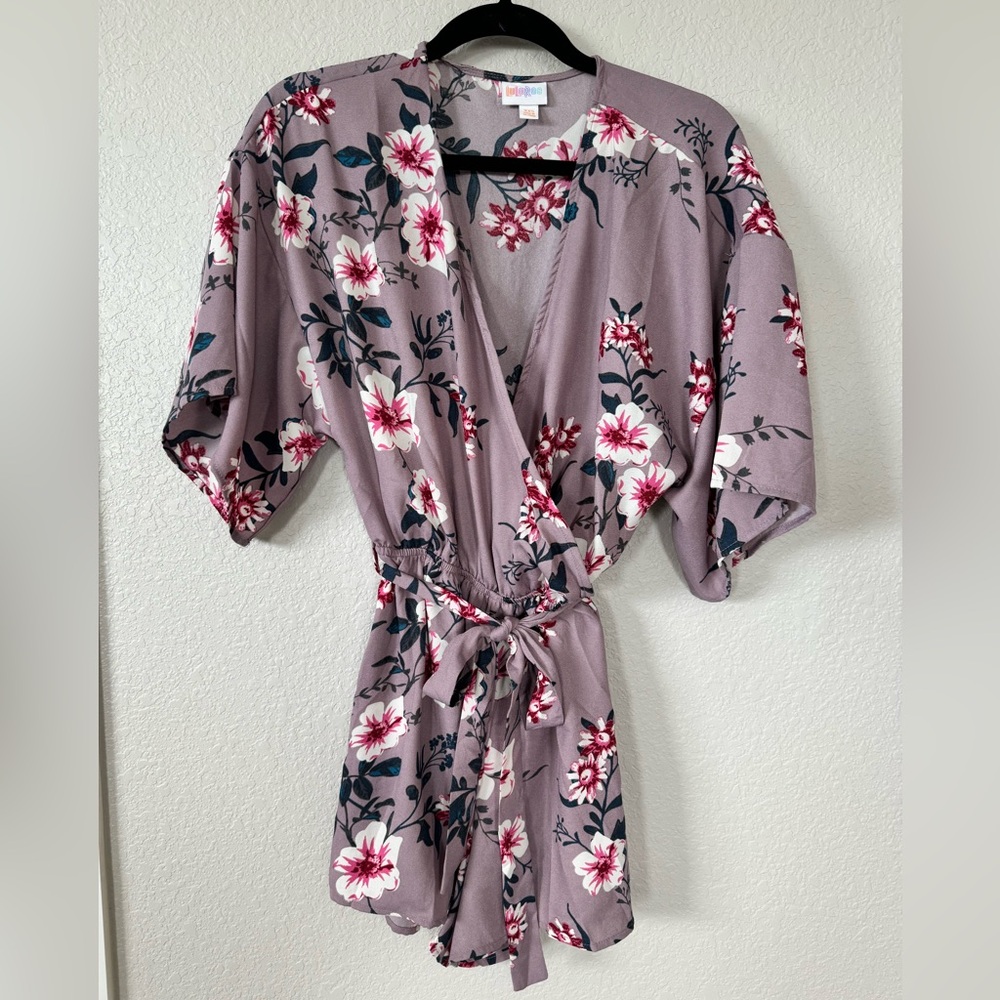 LuLaRoe Melinda Wide Sleeve Floral Romper XXS Purple Gray Pink Belted